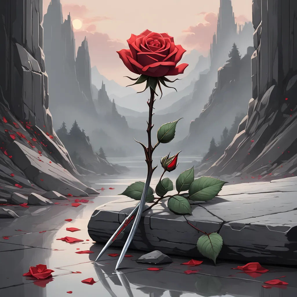 a rose that is sitting on a rock near a river and a knife in it's hand with a knife stuck in it, neo-romanticism, poster art, Cyril Rolando, magic the gathering artwork