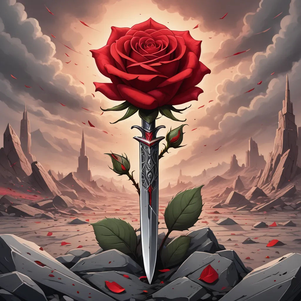 a red rose on a sword in a rocky landscape with a sky background and a rock wall with a red rose on it, fantasy art, poster art, Anne Stokes, dark fantasy art