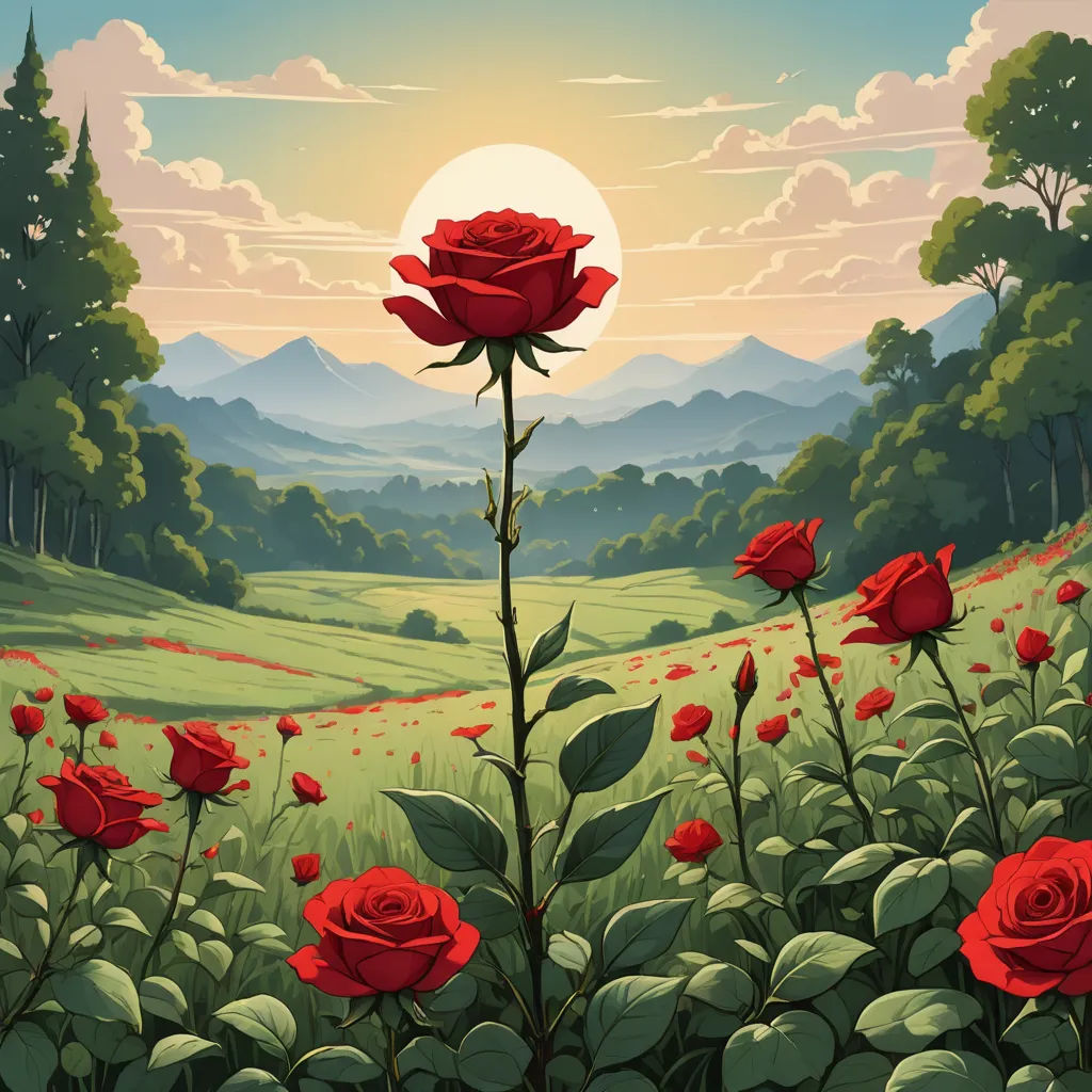 a painting of a field of red roses with a sunset in the background and a mountain range in the distance, neo-romanticism, a detailed matte painting, Dan Mumford, roses
