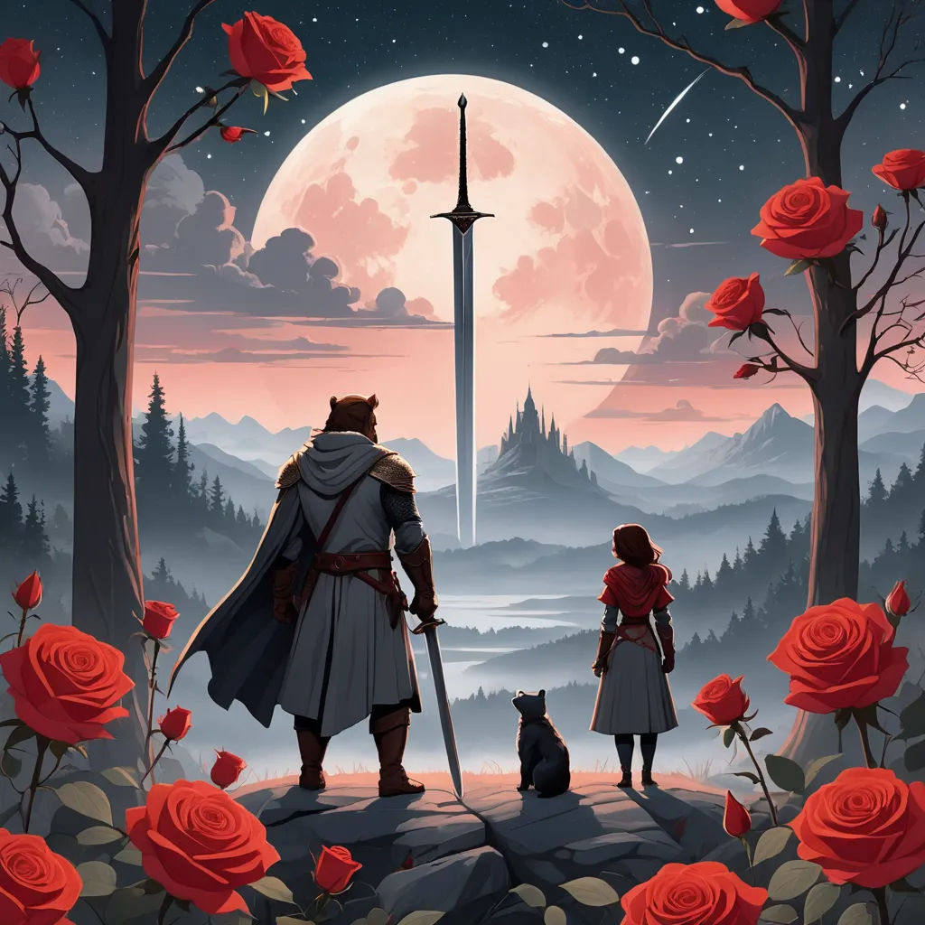 a man and a woman standing in front of a full moon with a sword and a dog in front of them, sots art, poster art, Dan Mumford, game art