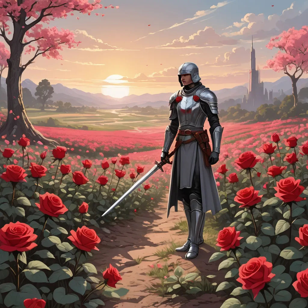 a painting of a knight in a field of flowers with a sword in his hand and a castle in the background, fantasy art, concept art, Clint Cearley, magic the gathering artwork