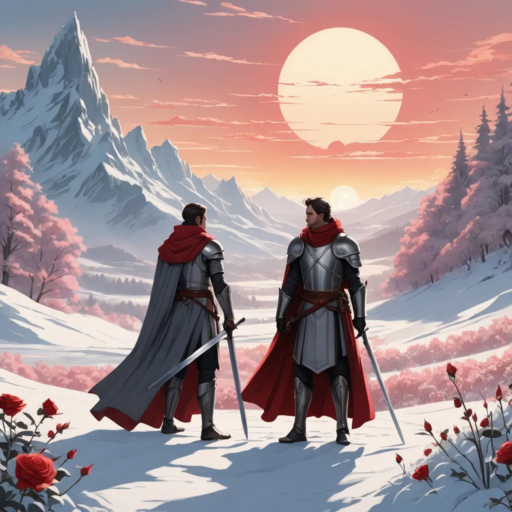 two men in armor standing in the snow with a sunset behind them and a mountain behind them with red flowers, fantasy art, a storybook illustration, Brothers Hildebrandt, rossdraws global illumination