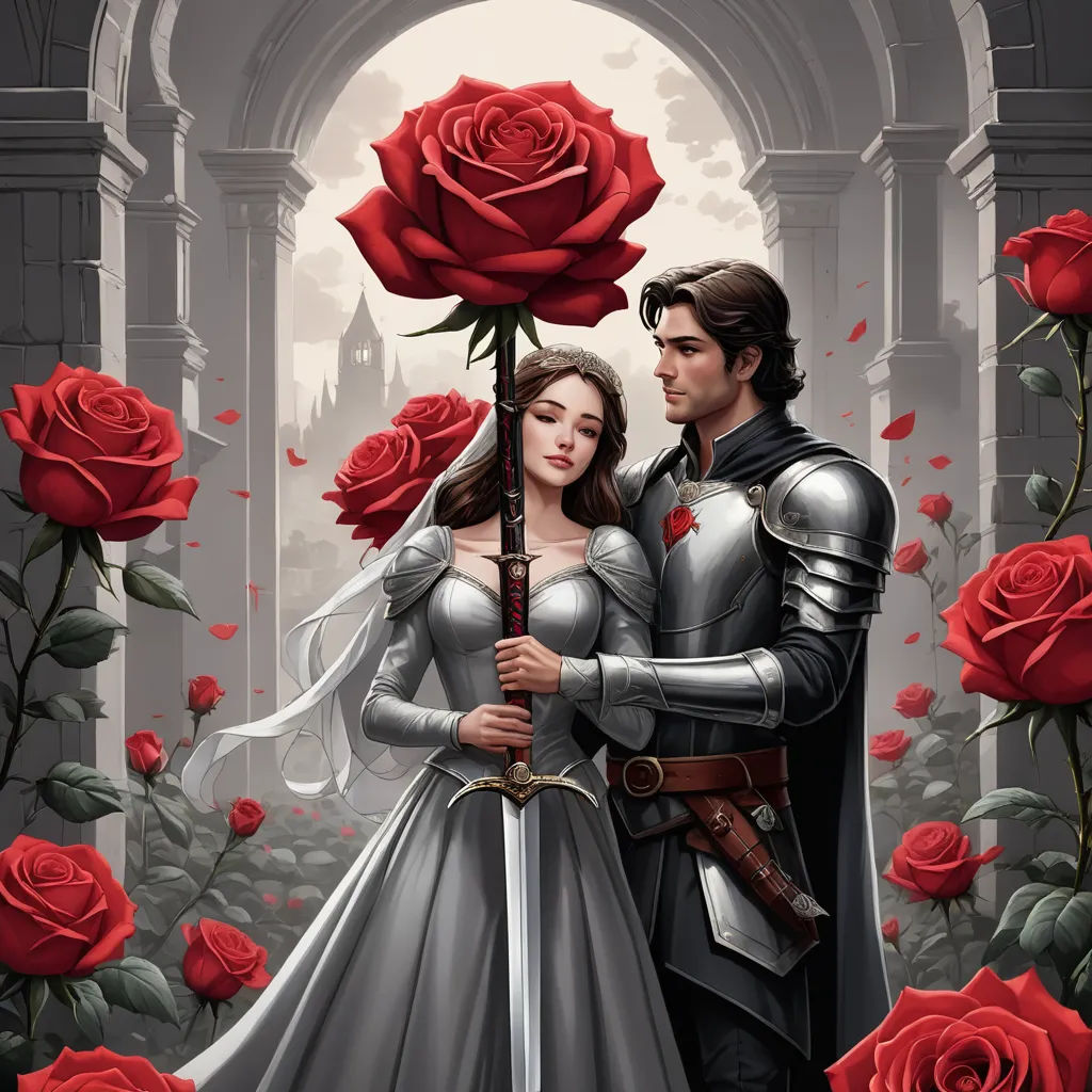 a man and woman dressed in medieval clothing standing next to each other with a rose in their hand and a sword in their hand, fantasy art, a storybook illustration, Anne Stokes, rossdraws global illumination