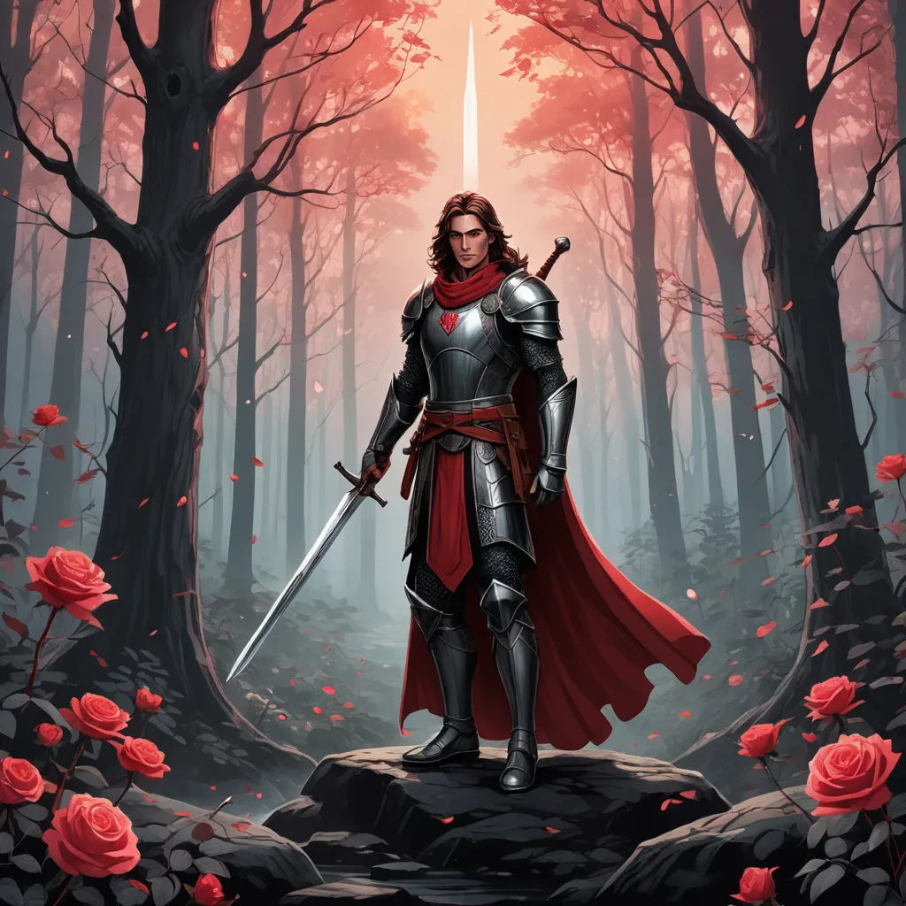 a man in a red and black suit with a sword in a forest with roses and roses around him, fantasy art, a character portrait, Cedric Seaut (Keos Masons), epic fantasy character art