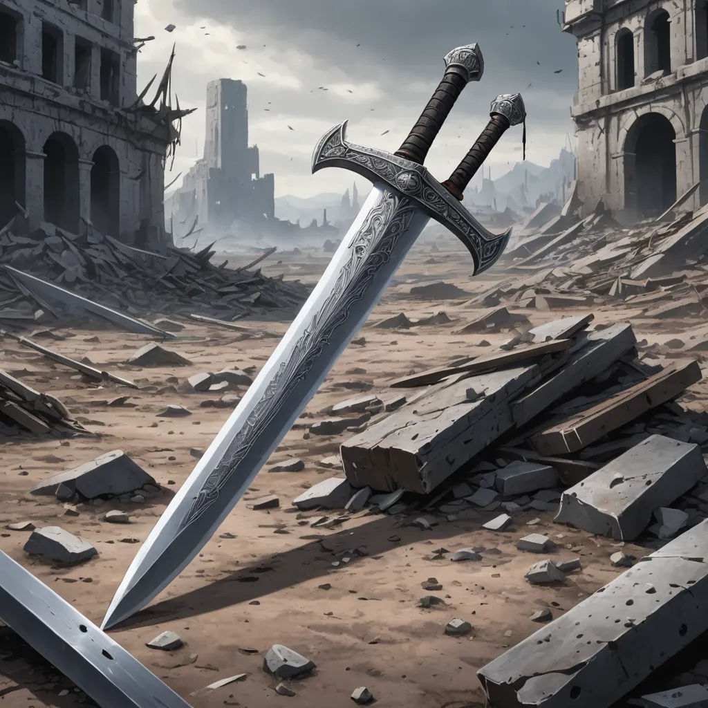 a sword is stuck in a pile of rubble in a city with a ruined building in the background and a cityscape in the foreground, fantasy art, a detailed matte painting, Clint Cearley, matte fantasy painting