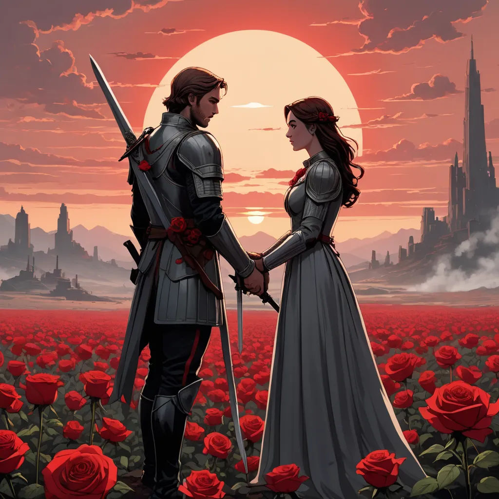 a couple of people standing in a field of flowers holding hands and holding swords in front of a sunset, fantasy art, a storybook illustration, Anne Stokes, rossdraws global illumination