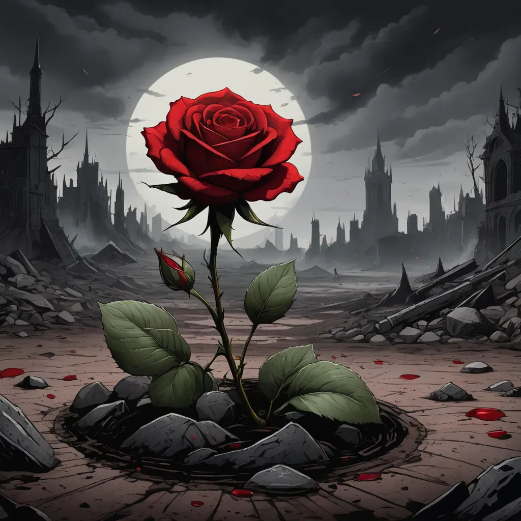 a red rose sitting on top of a pile of rocks next to a red rose on a rock covered ground, gothic art, concept art, Anne Stokes, official art