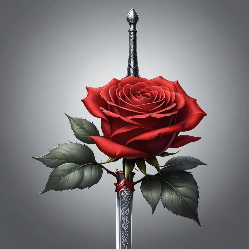 a red rose with a sword in the middle of it and a stem in the middle of it, with leaves on the stem, gothic art, a character portrait, Anne Stokes, dark fantasy art