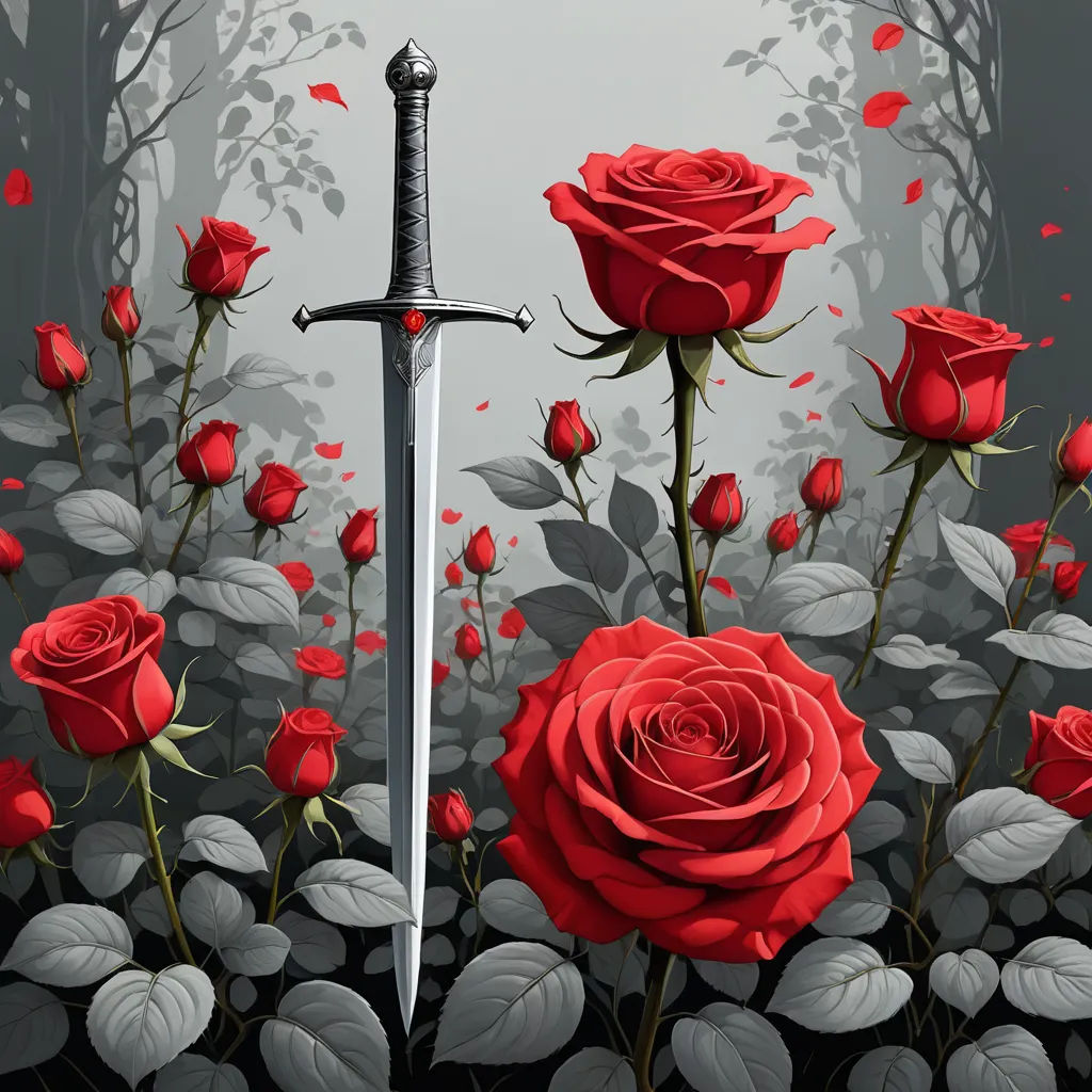 a sword and roses are in the middle of a painting of a sword and roses in the middle of a painting, gothic art, poster art, Dirk Crabeth, dark fantasy art