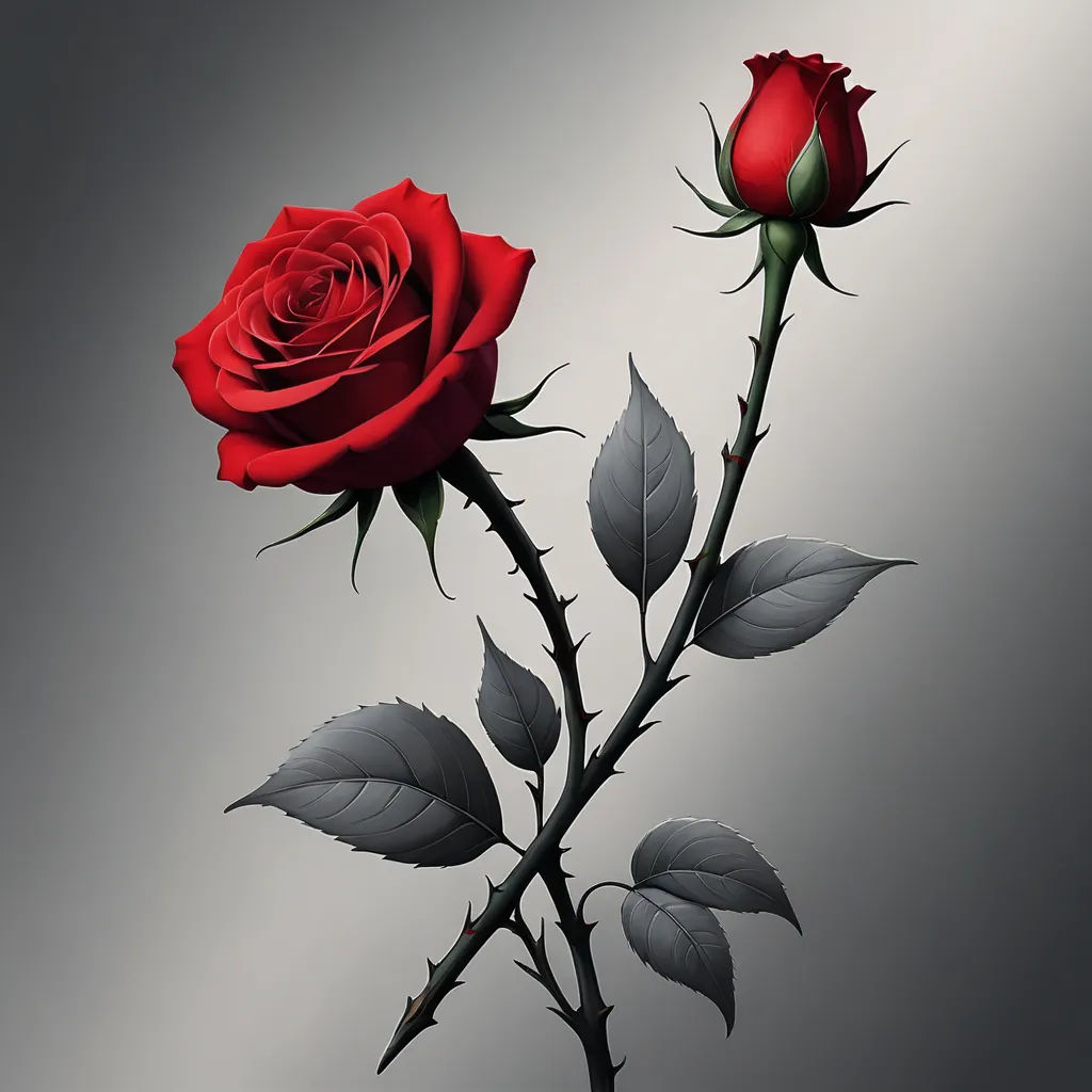 a red rose with a stem and leaves on a gray background with a black border around it and a gray background with a black border, gothic art, a raytraced image, Anne Stokes, roses