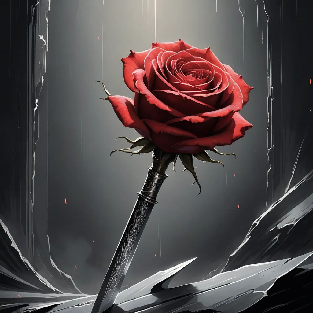 a red rose on a black and white background with a knife in the foreground and a dark background, gothic art, a detailed painting, Anne Stokes, roses