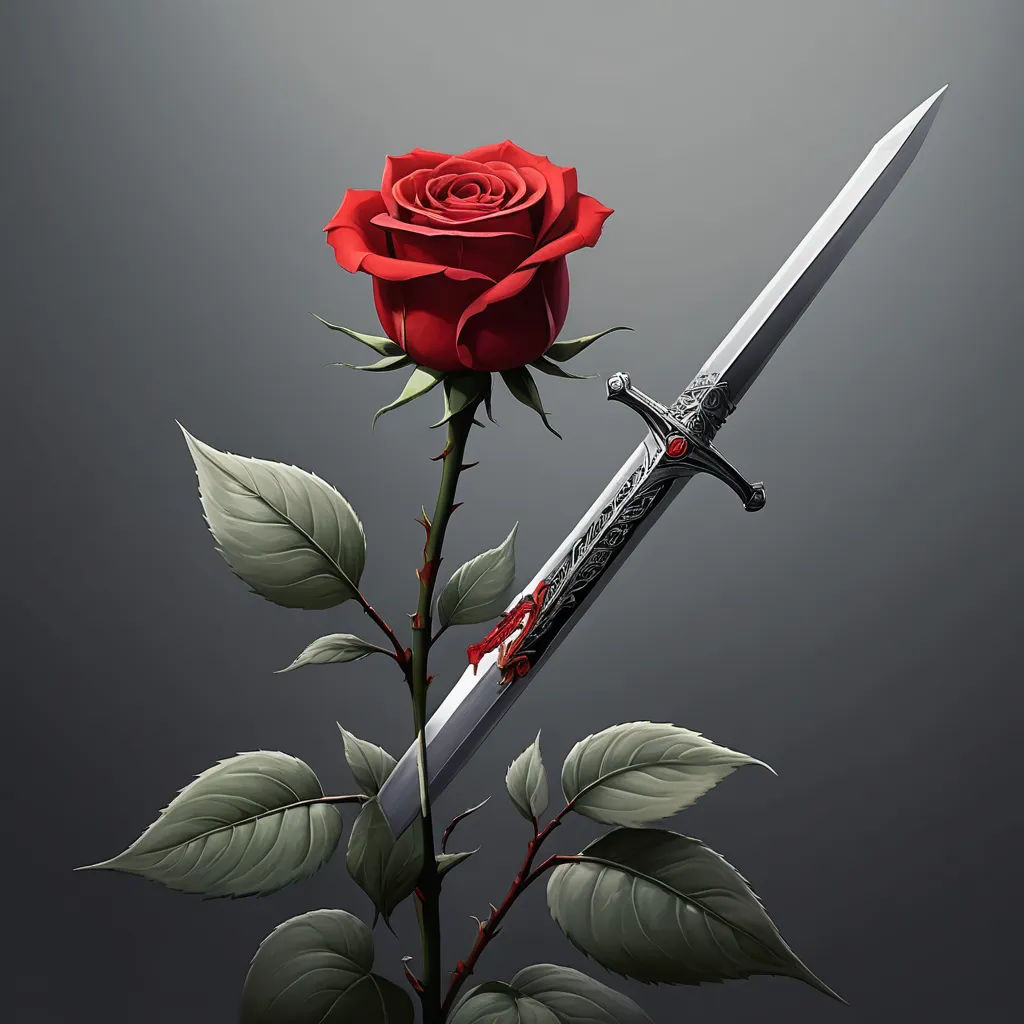 a sword and a rose on a dark background with a shadow of a rose on the sword and a knife, gothic art, a digital painting, Anne Stokes, dark fantasy art