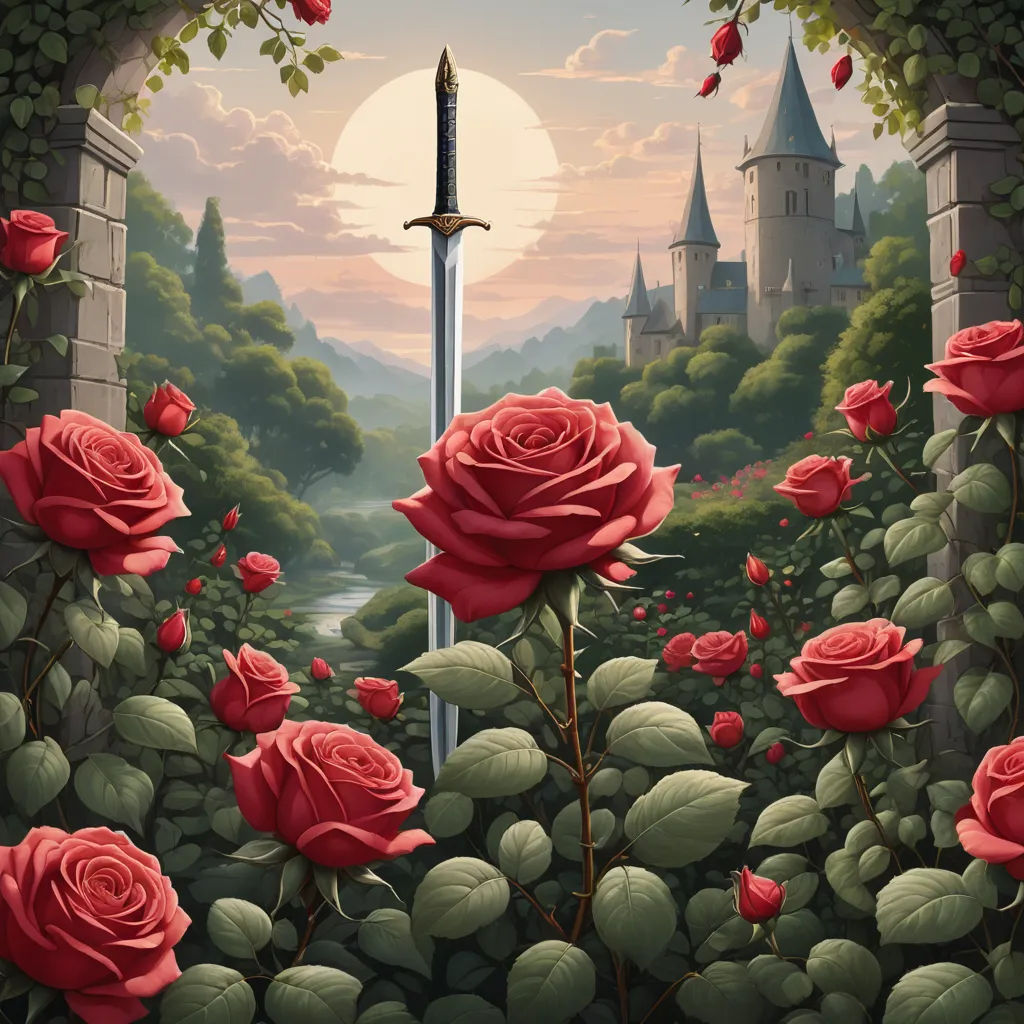 a painting of a sword in a garden with roses and a castle in the background with a sunset behind it, fantasy art, a storybook illustration, Anne Stokes, fantasy artwork