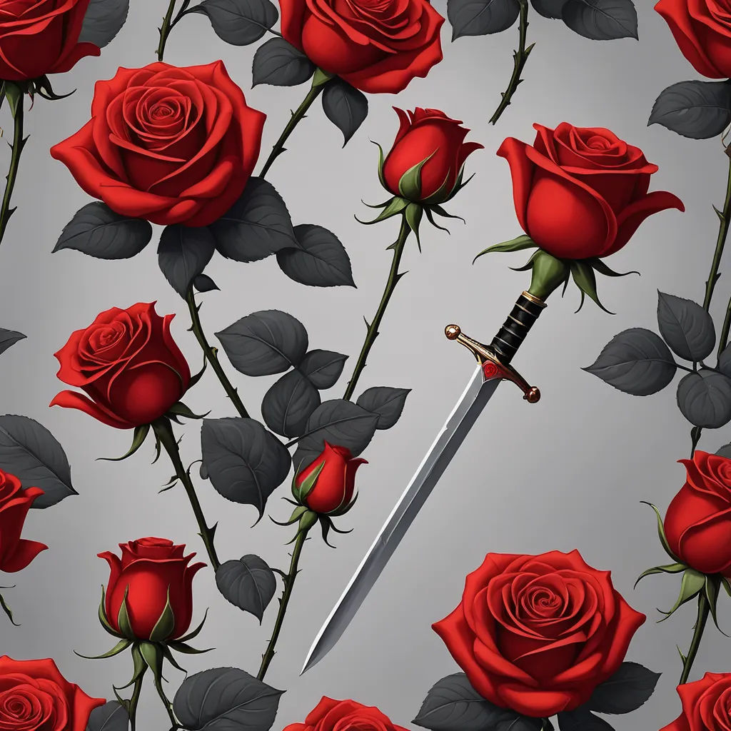 a sword with roses on a gray background with leaves and a sword in the middle of the image with a knife in the middle, gothic art, poster art, Dirk Crabeth, roses