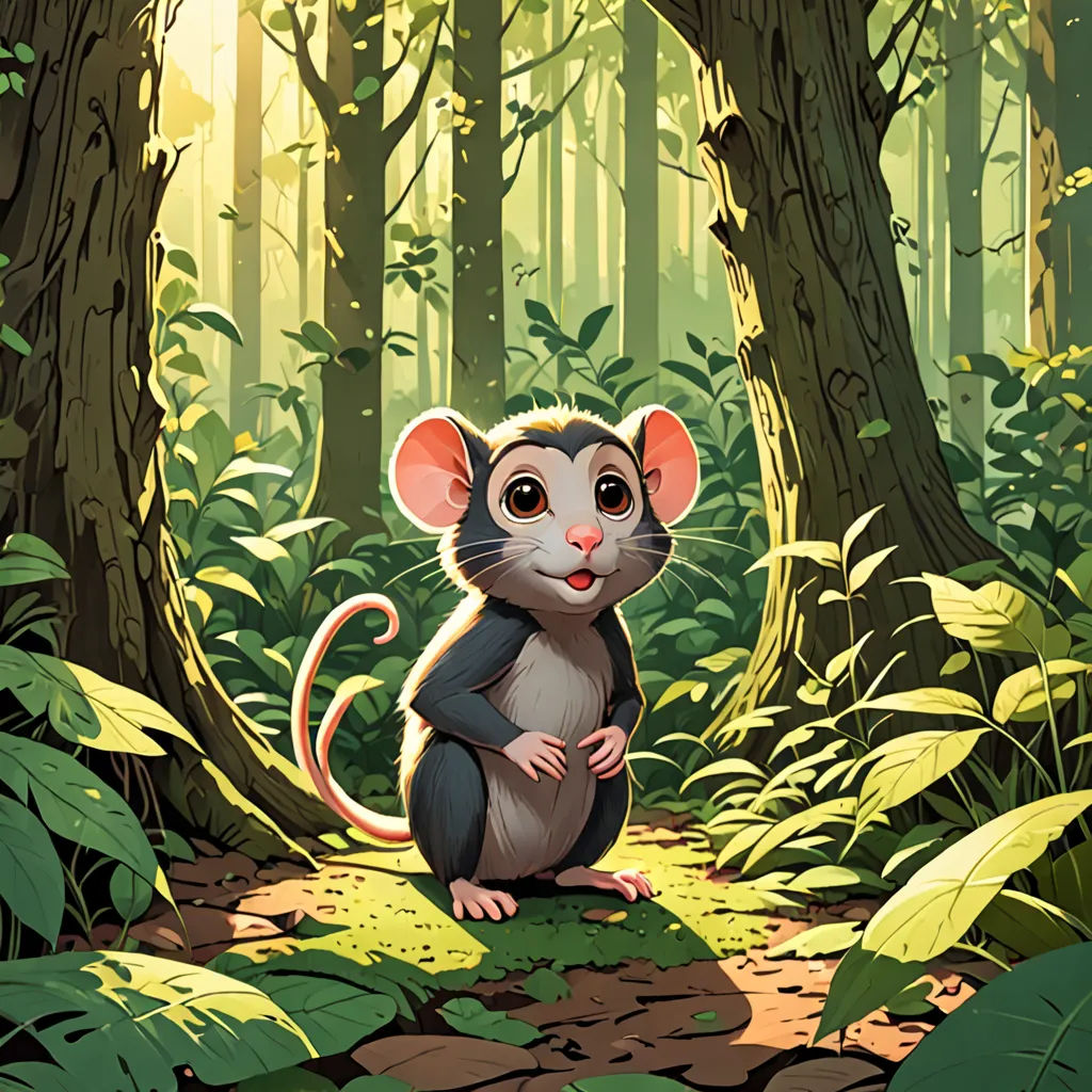 a mouse sitting in the middle of a forest with trees and leaves around it, with sunlight shining through the trees, sots art, a storybook illustration, Chris LaBrooy, rossdraws global illumination
