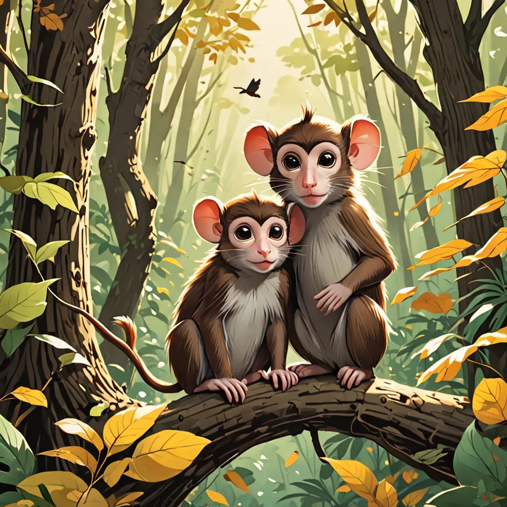 two monkeys sitting on a tree branch in a forest with leaves and a butterfly flying overhead in the background, sumatraism, a storybook illustration, Chris LaBrooy, rossdraws global illumination