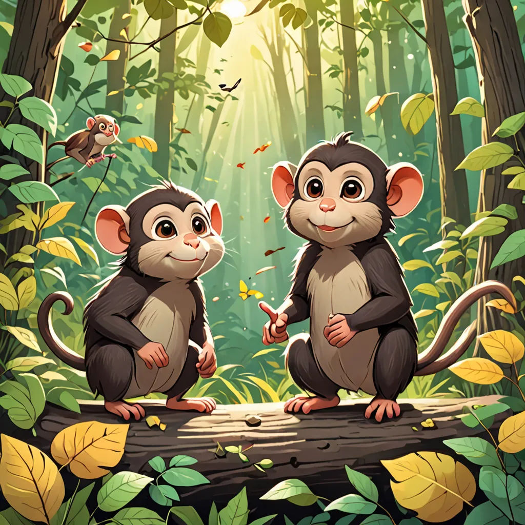 two monkeys sitting on a log in the forest with leaves and a bird flying above them, with a sunbeam in the background, sots art, a storybook illustration, Chris LaBrooy, official art