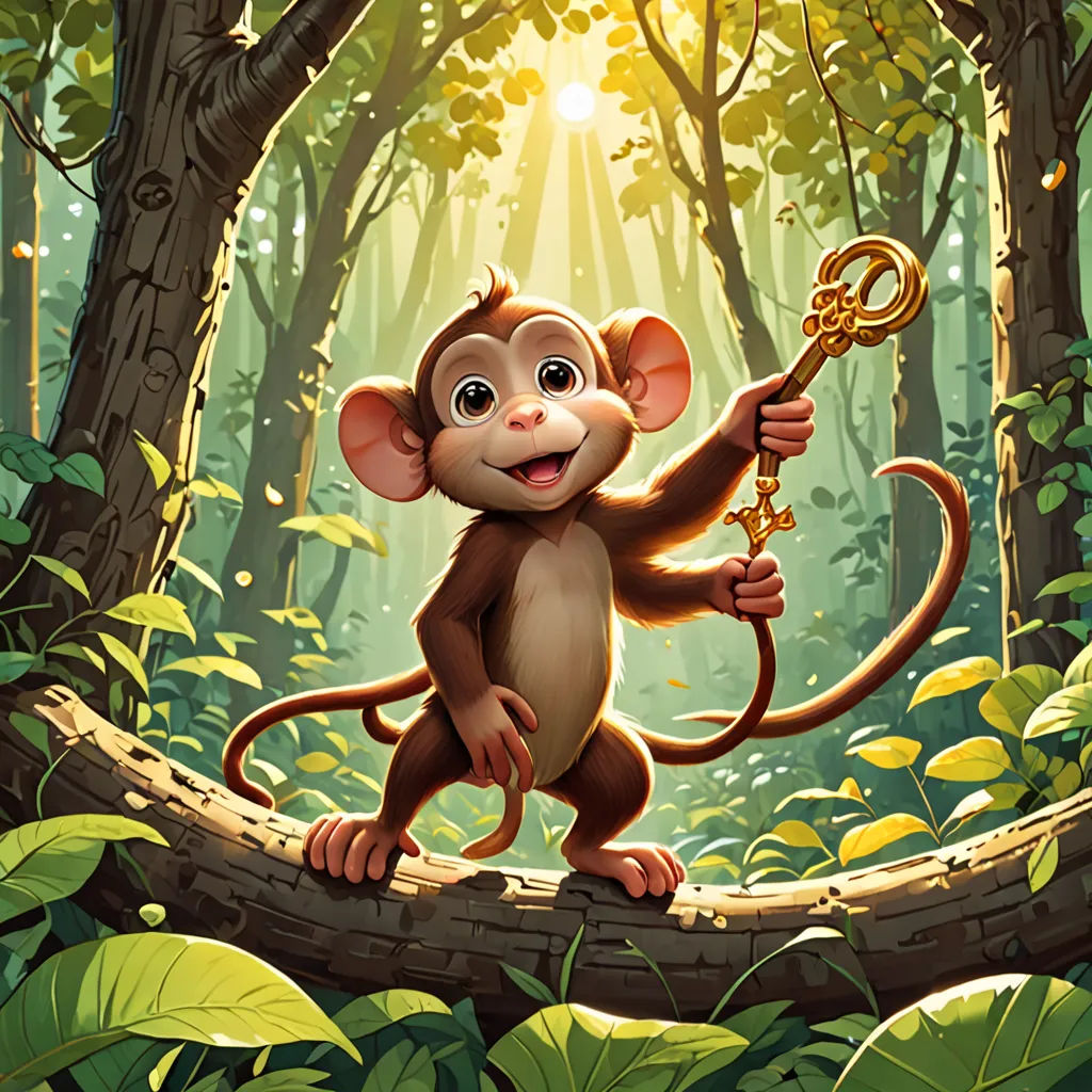 a monkey holding a key in a forest with a sun shining through the trees behind it and a tree branch, sots art, a character portrait, Chris LaBrooy, key art