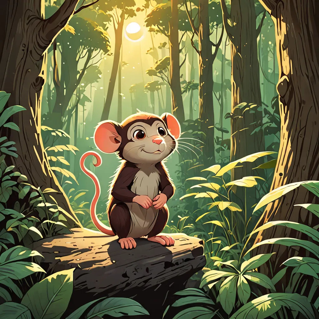 a mouse sitting on a log in a forest with a bright light shining through the trees behind it and a sun shining through the trees, sots art, a storybook illustration, Chris LaBrooy, rossdraws global illumination