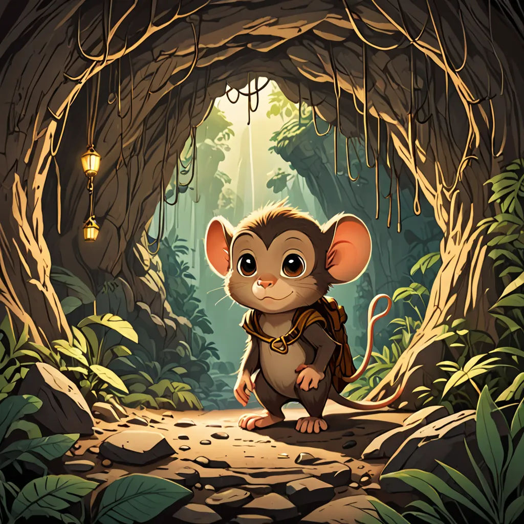 a cartoon mouse is standing in a cave with a lantern hanging from the ceiling and a light on the ceiling, sots art, a character portrait, Cliff Childs, rossdraws global illumination