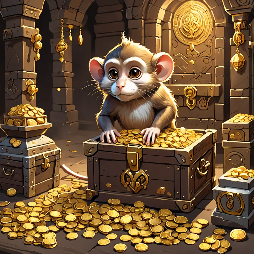 a cartoon mouse sitting on top of a chest of gold coins in a cave with a bunch of gold coins, sots art, concept art, Alex Horley, hearthstone