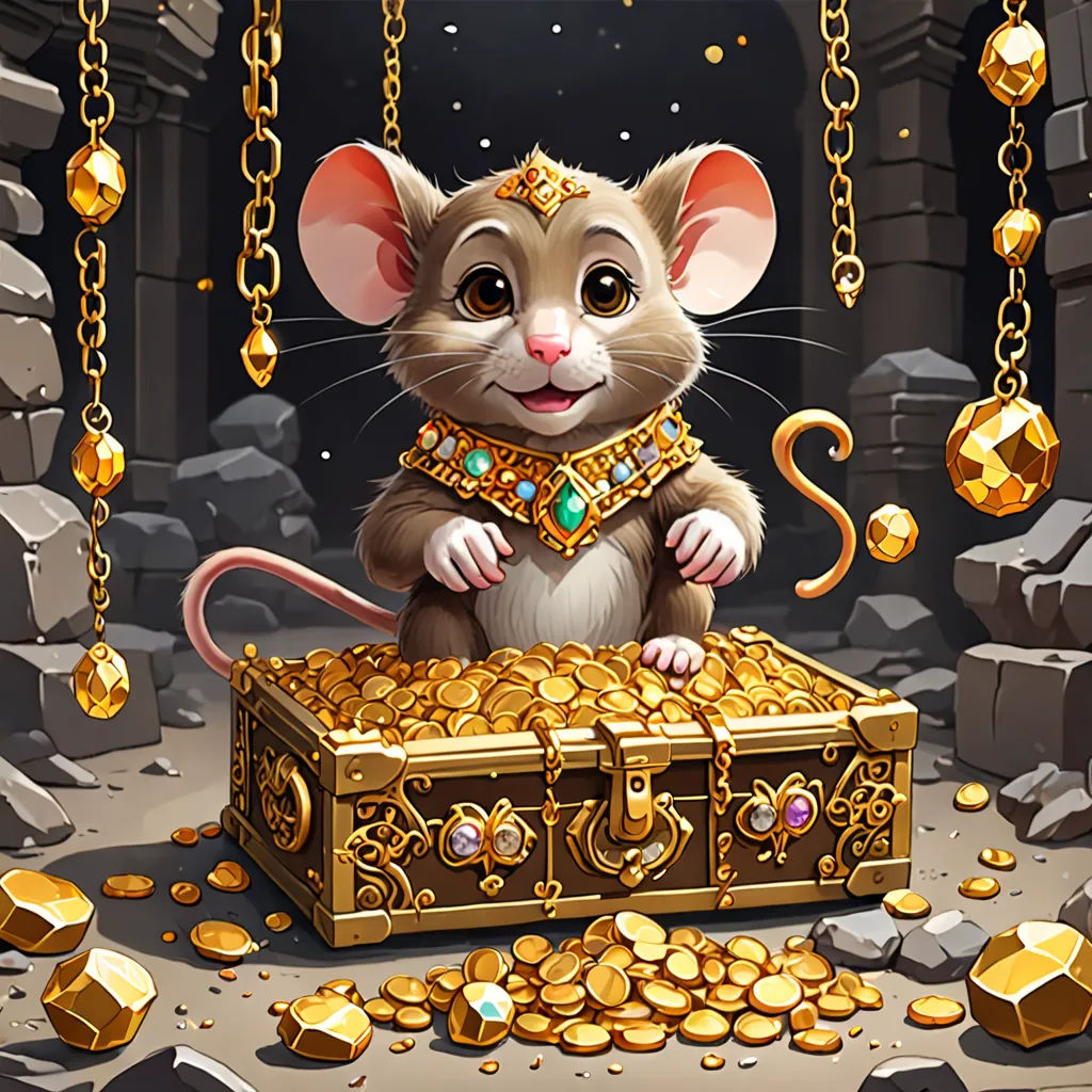 a mouse sitting on top of a chest of gold coins with a chain around it and a gold necklace around it, sots art, a character portrait, Chris LaBrooy, game art