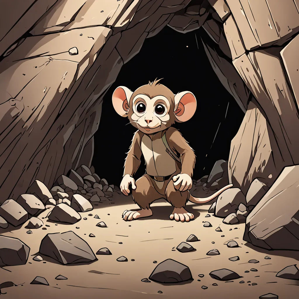 a small monkey standing in a cave with rocks and rocks around it's feet and a small cave door in the background, underground comix, a cave painting, Cliff Childs, rossdraws global illumination