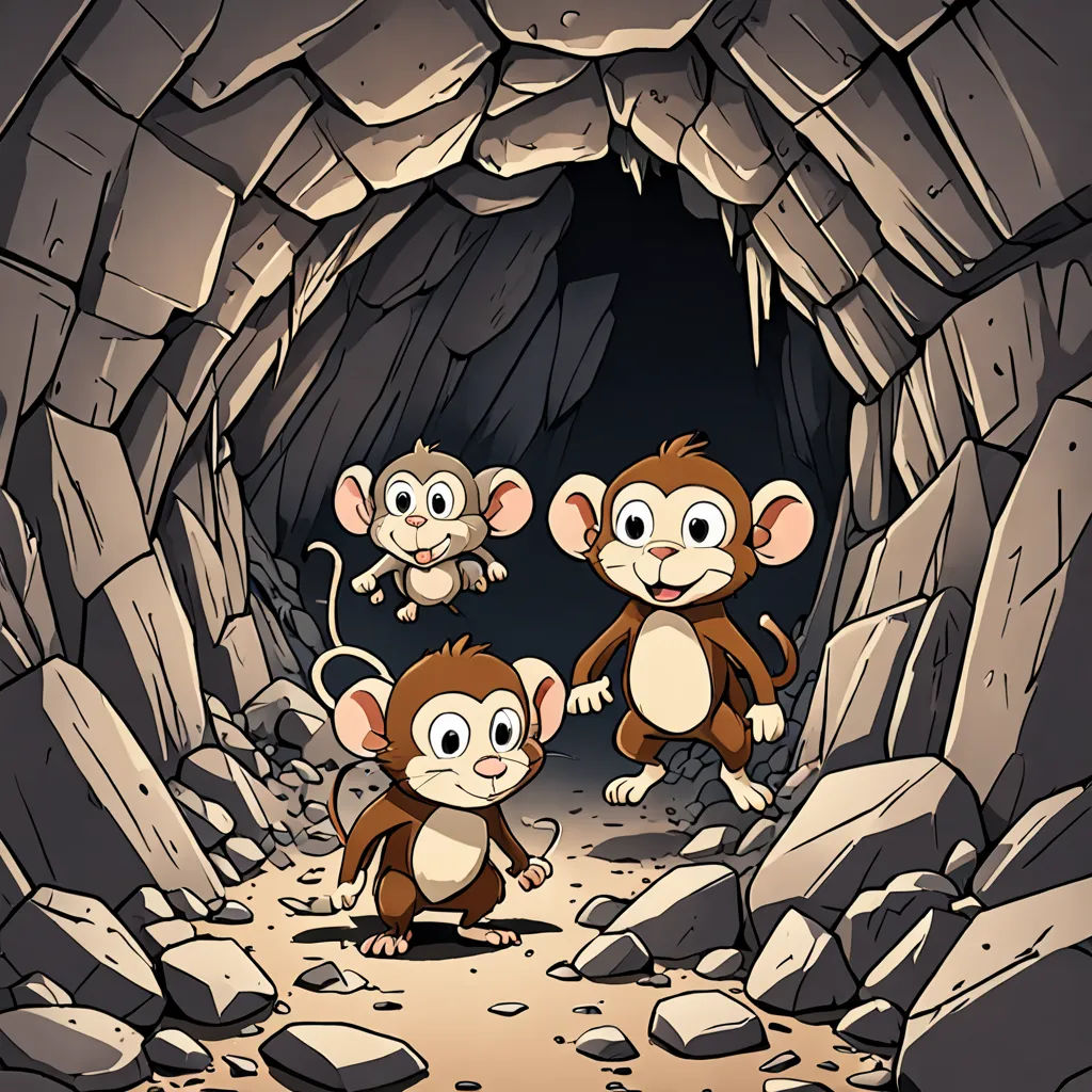 three monkeys are walking through a cave with rocks and boulders on either side of them, and a cave entrance with rocks and boulders on both sides, underground comix, a cave painting, Cliff Childs, 2 d game art