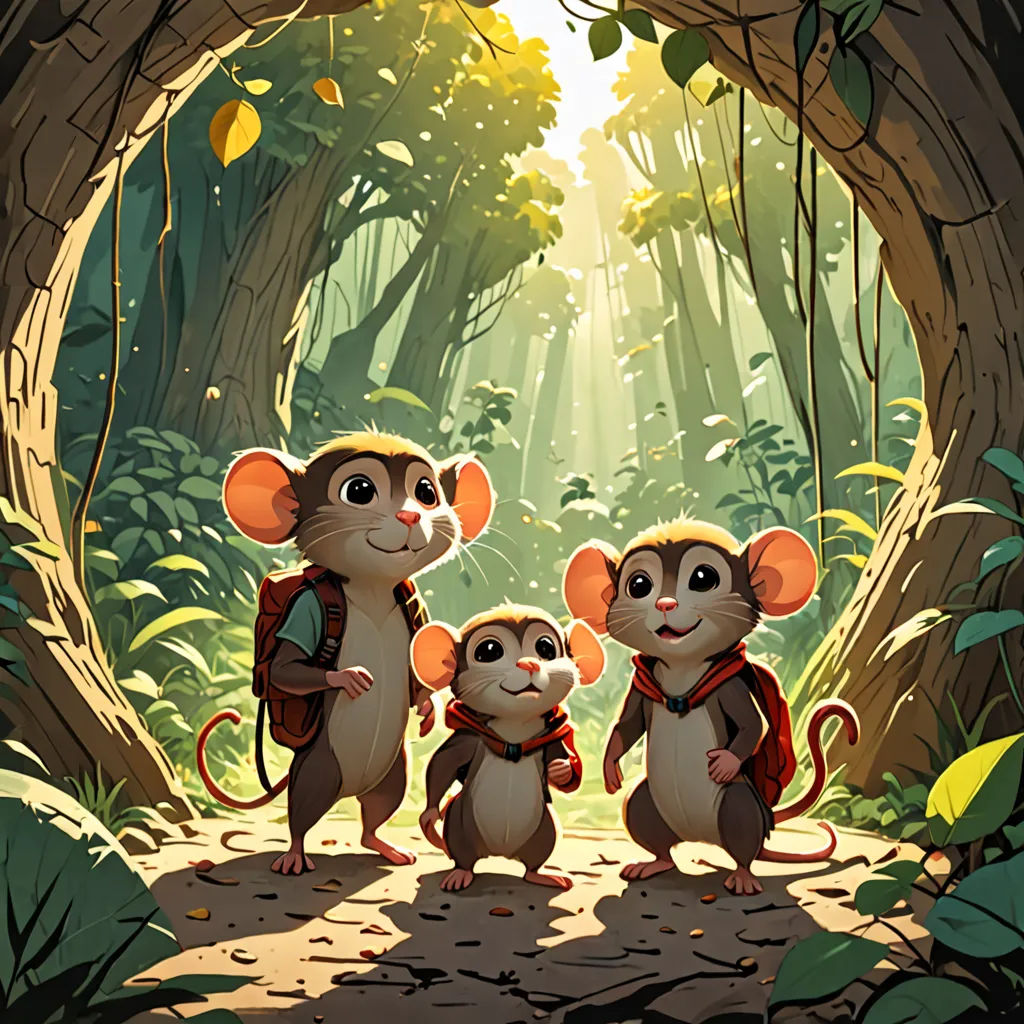 three little mice standing in a forest with a light shining through the trees behind them, and a tunnel of leaves, furry art, a storybook illustration, Chris LaBrooy, rossdraws global illumination