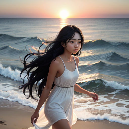 a woman walking on a beach next to the ocean at sunset with her hair blowing in the wind and the sun setting