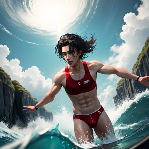 a woman in a red bikini standing on a surfboard in the ocean with a sky background and a wave