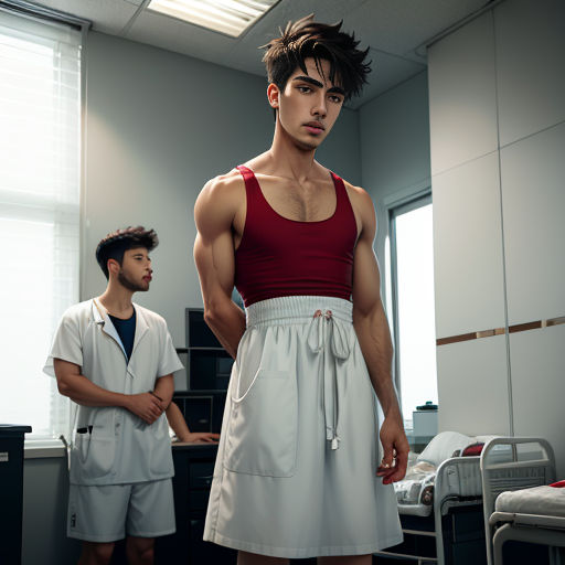 a man in a red tank top and white shorts standing in a room with a man in a white shirt