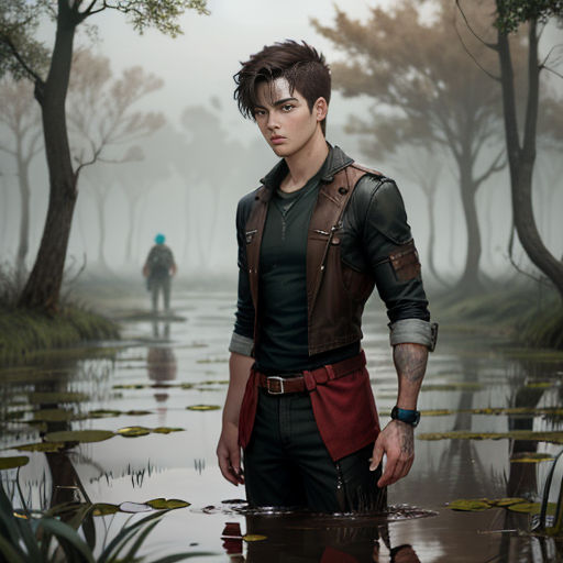 a man standing in a swampy area with a forest in the background and a man in the background