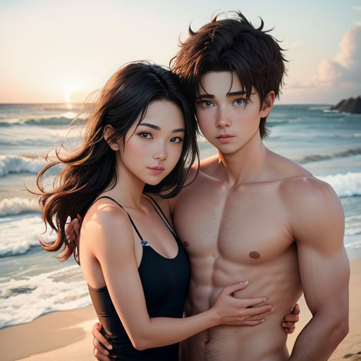 a couple of people standing on a beach near the ocean at sunset or sunset time, with one woman in a bathing suit