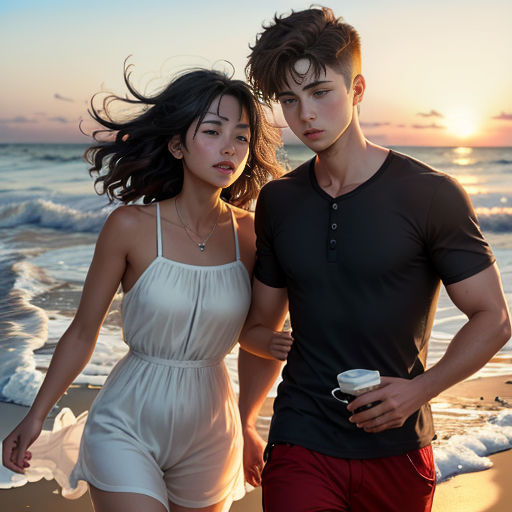 a man and a woman walking on the beach at sunset with the sun setting behind them and the ocean behind them