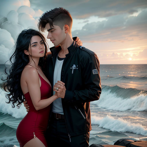 a man and a woman standing next to each other near the ocean with waves crashing in the background and a cloudy sky