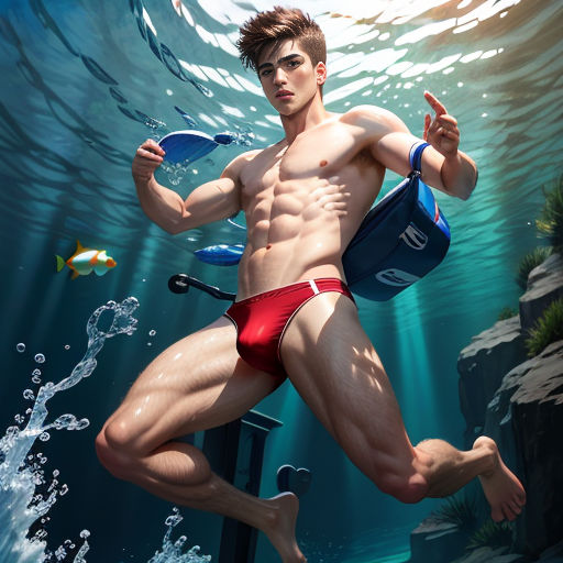 a man in a red and blue swimsuit is running under water with a life preserver in his hand