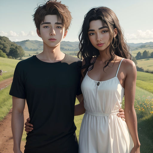 a young man and woman standing next to each other on a dirt road in a field of grass and flowers