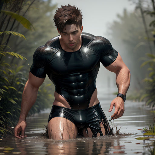 a man in a wet suit is in the water with his hands in his pockets and his shirt open