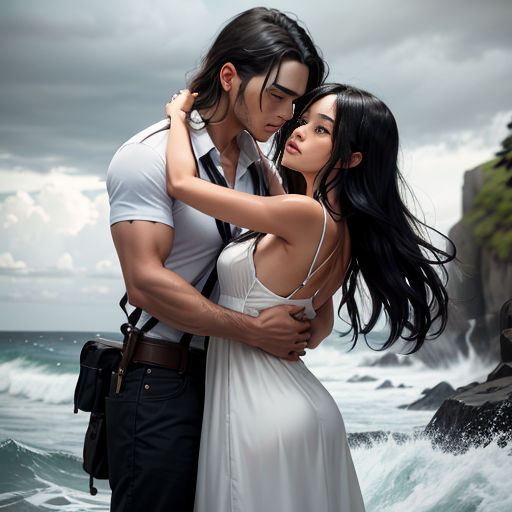 a man and woman are standing in front of the ocean and rocks, with a cliff in the background