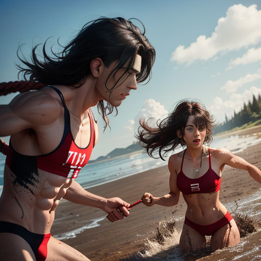 two women in bathing suits playing in the water on a beach with a frisbee in their hand