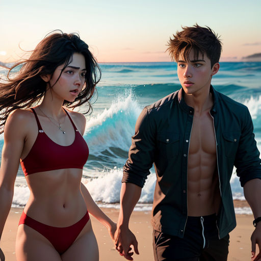 a man and a woman walking on a beach next to the ocean at sunset or sunset time, with the sun shining on the water