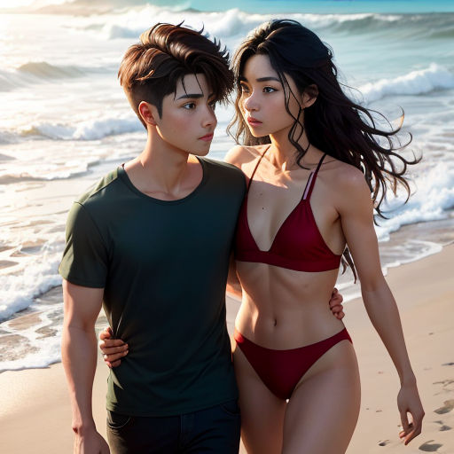 a man and a woman walking on a beach next to the ocean with waves crashing on them and a man in a green shirt