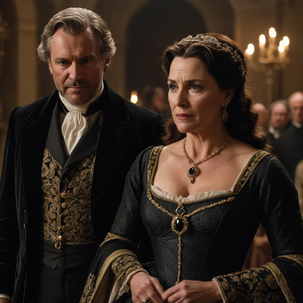 a man and a woman in period costumes walking together in a hall of people wearing fancy clothing and tiaras, international gothic, a flemish Baroque, Anne Said, promotional image