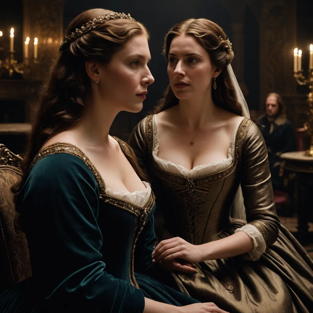 two women in renaissance dress sitting next to each other in a room with candles on the walls and a chandelier, renaissance, a flemish Baroque, Christabel Dennison, promotional image