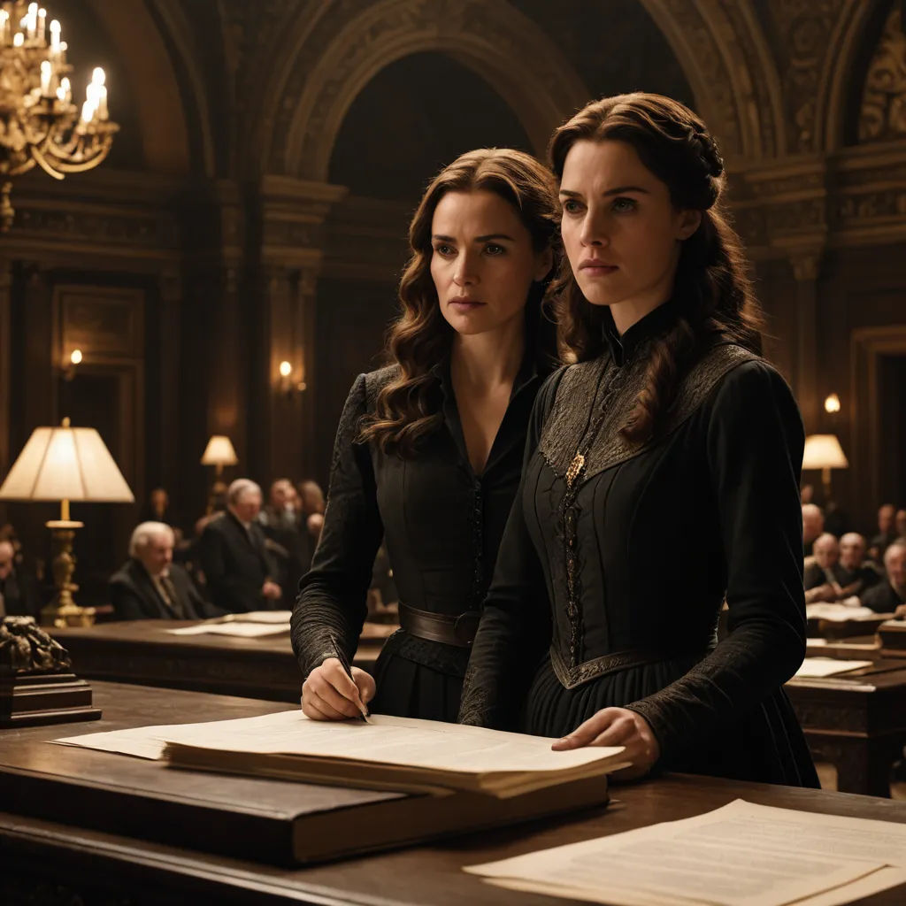 two women standing in a courtroom with a book on a table in front of them and a man in the background, gothic art, a detailed matte painting, Anne Said, promotional image