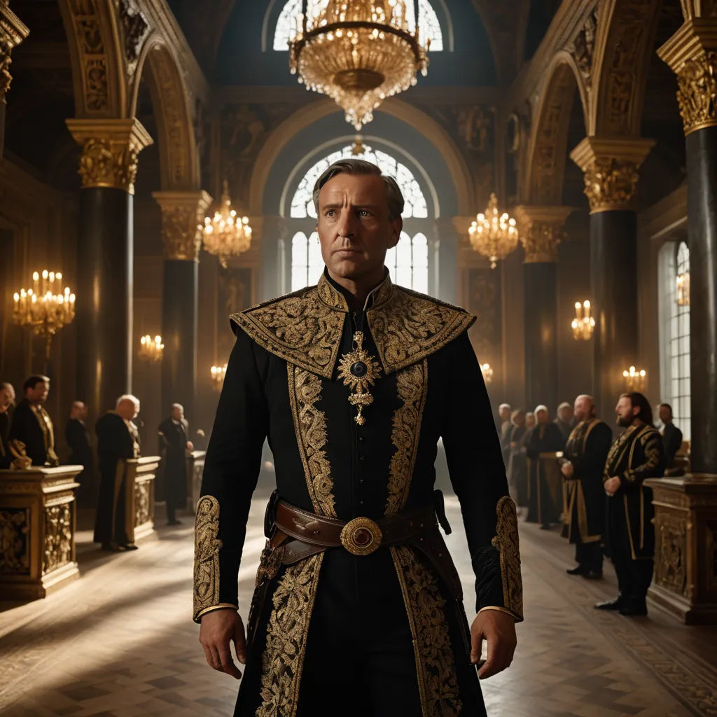 a man in a black and gold outfit standing in a hall with people in the background and a chandelier hanging from the ceiling, renaissance, a flemish Baroque, Aleksandr Gerasimov, vfx