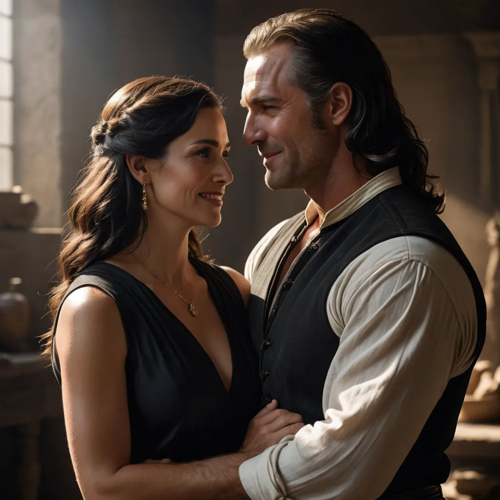 a man and a woman standing next to each other in a room with a window and a vase on the wall, renaissance, a poster, Araceli Gilbert, promotional image