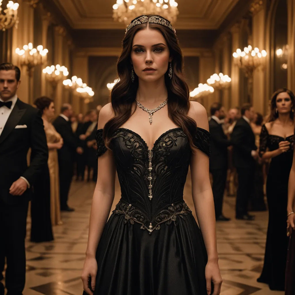 a woman in a black dress standing in a room with other people in formal wear and a tiara, gothic art, a poster, Aramenta Dianthe Vail, promotional image