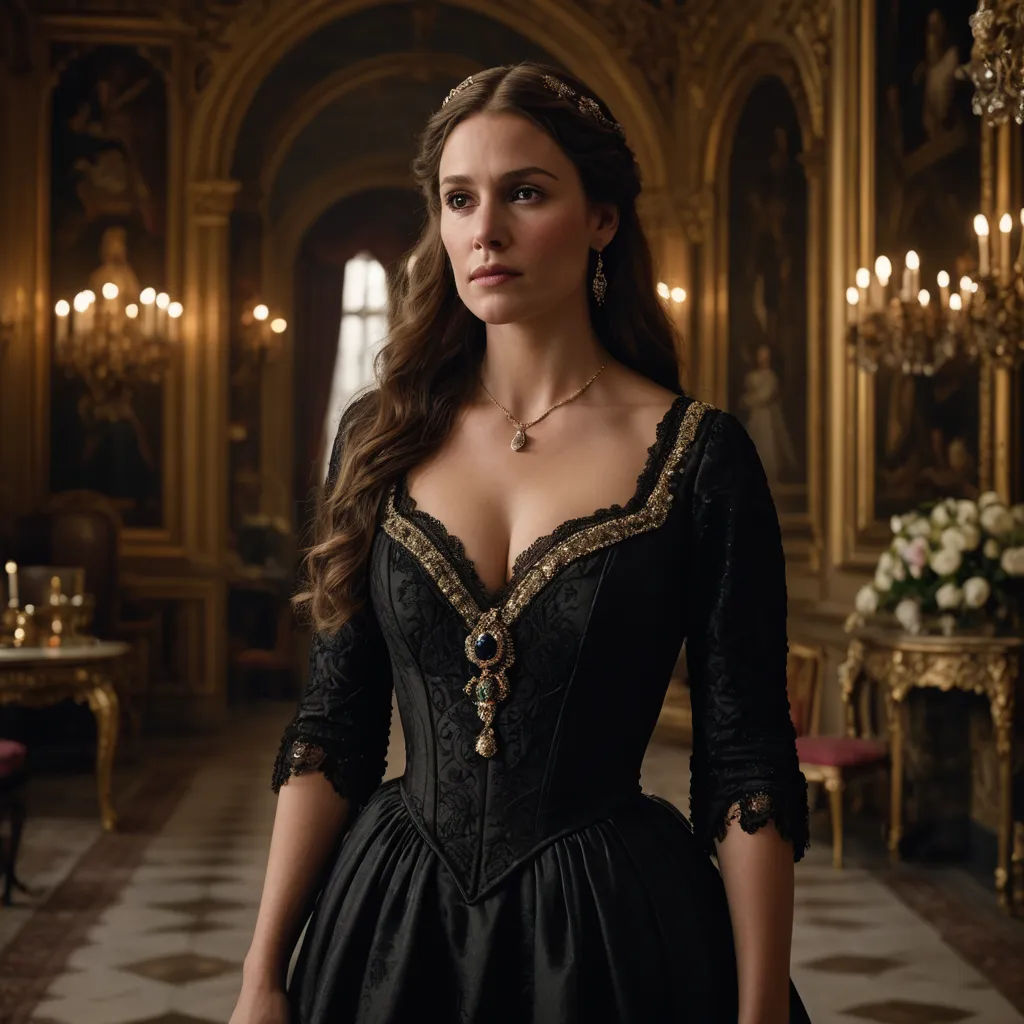 a woman in a black dress standing in a room with chandeliers and a chandelier on the ceiling, rococo, a flemish Baroque, Constance Gordon-Cumming, promotional image